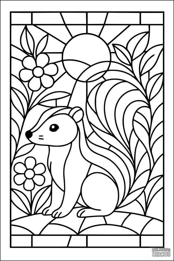 Coloring page of a skunk in a flower garden with sun and leaves in the background