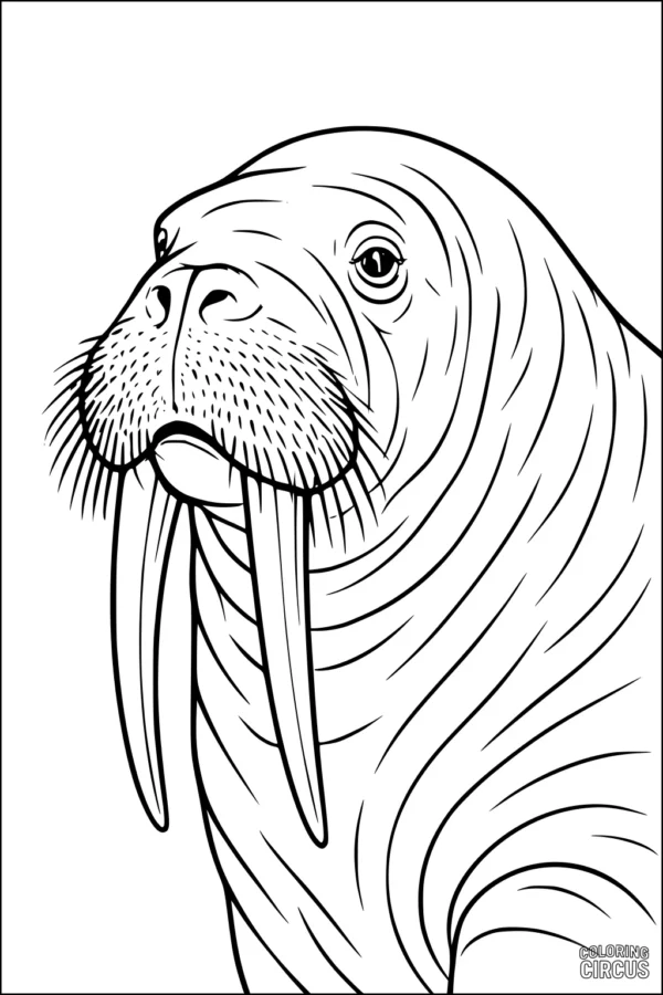 Coloring page of a walrus with large tusks and mustache, perfect for kids