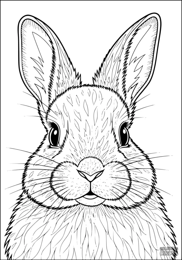 Coloring page close-up of a detailed rabbit face with large ears and textured fur for kids