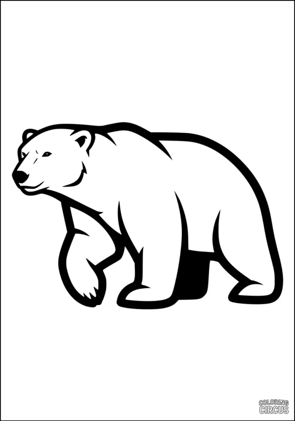 Coloring page of a friendly polar bear standing and walking, thick outline for kids