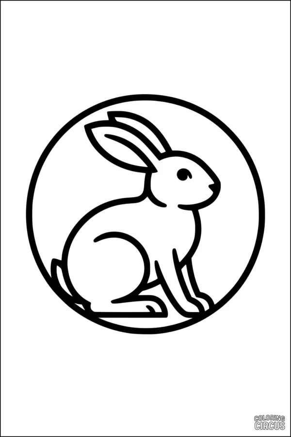 Coloring page featuring a simple cartoon rabbit sitting in a circle, perfect for young children.