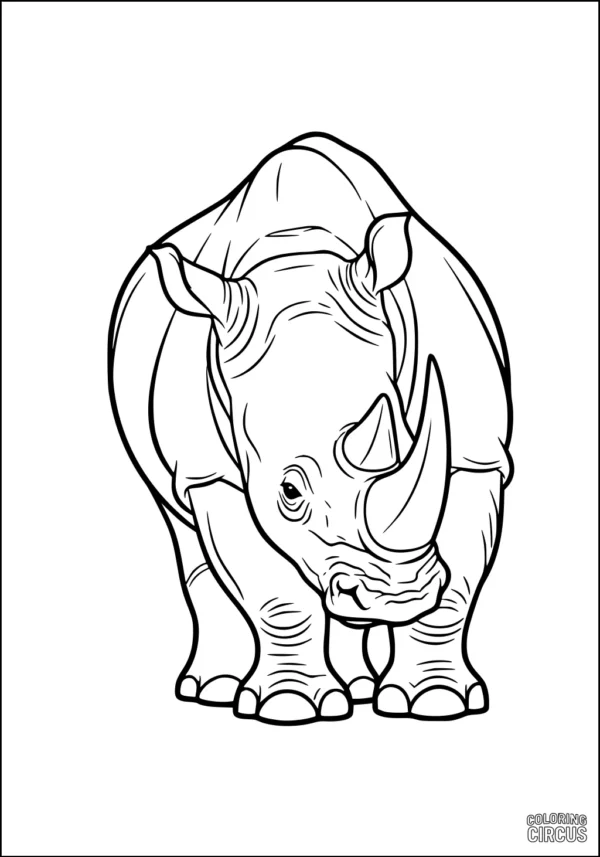 Coloring page of a friendly rhinoceros standing facing forward for kids