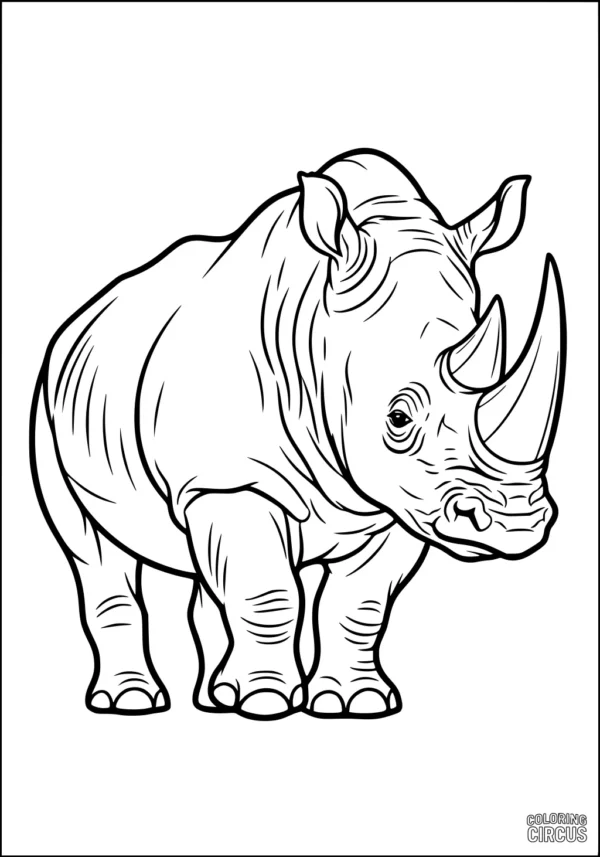 Coloring page featuring a detailed rhinoceros standing proudly, perfect for kids interested in animals and safari scenes.
