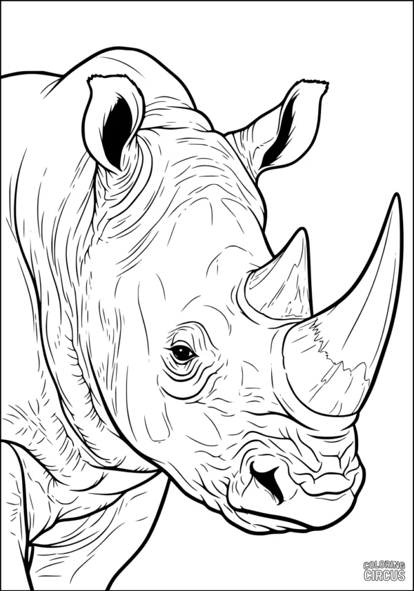 Coloring page detailed rhinoceros portrait for kids and adults