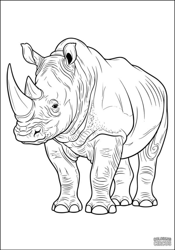 Coloring page of a realistic rhinoceros with detailed skin textures