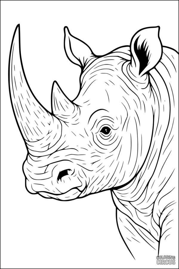 Coloring page detailed rhinoceros head for kids