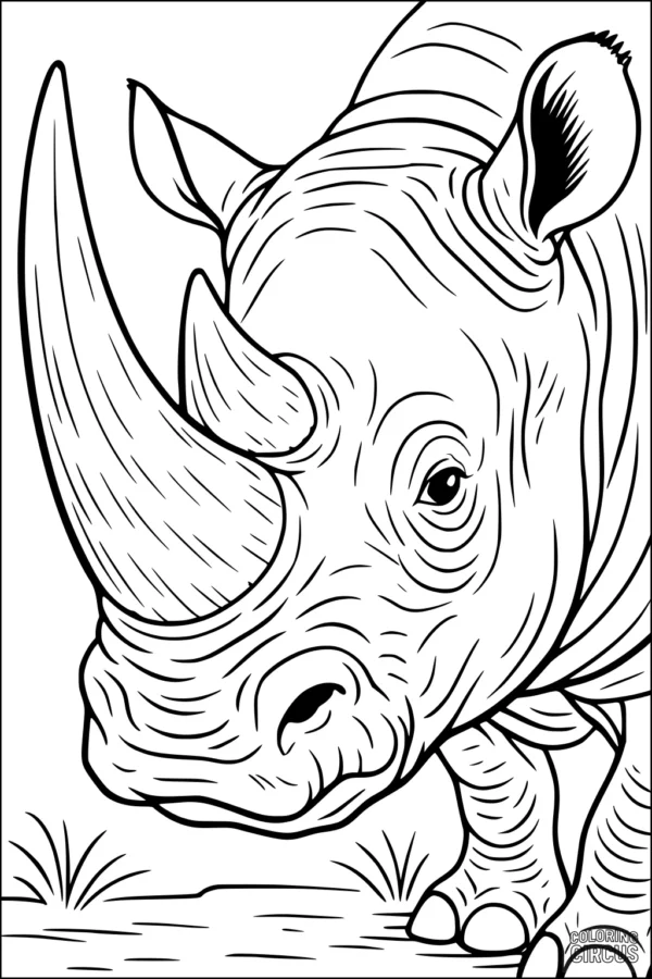 Coloring page featuring a detailed rhinoceros on a grassy savanna