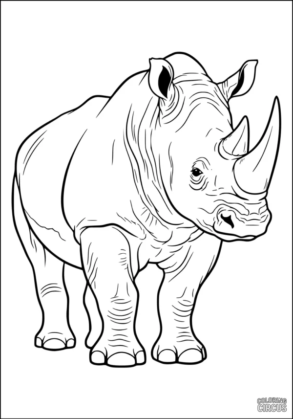 Coloring page showing a detailed rhinoceros standing in profile