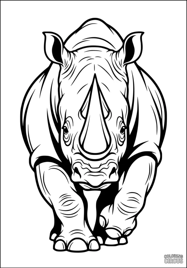 Coloring page of a friendly rhinoceros standing with detailed body and horn