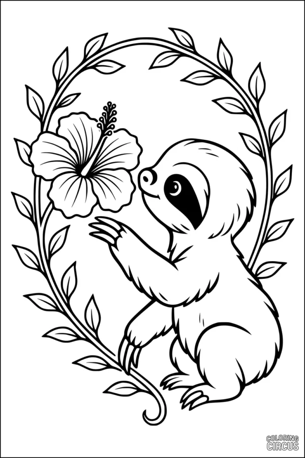 Coloring page featuring a cute sloth reaching toward a large flower, surrounded by leafy vines
