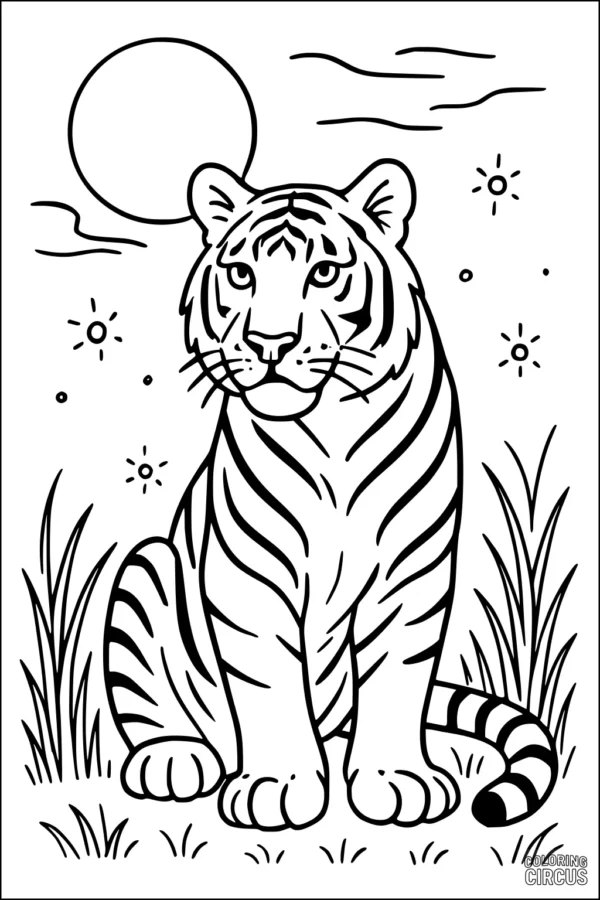 Coloring page showing a friendly tiger sitting in grass with the sun in the sky