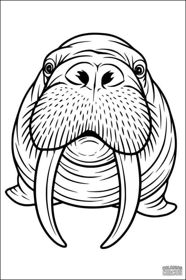 Coloring page of a friendly walrus face with large tusks and detailed whiskers