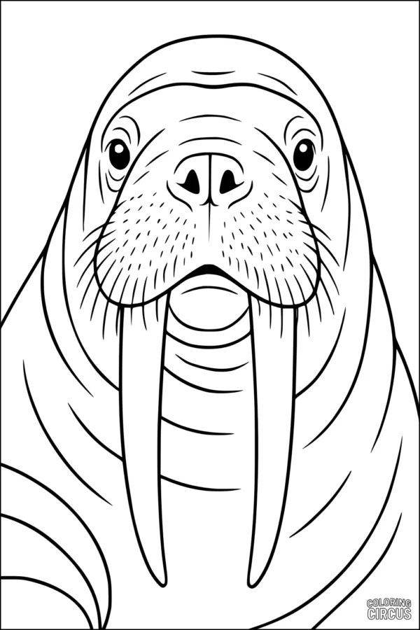 Coloring page of a friendly walrus face with tusks and whiskers