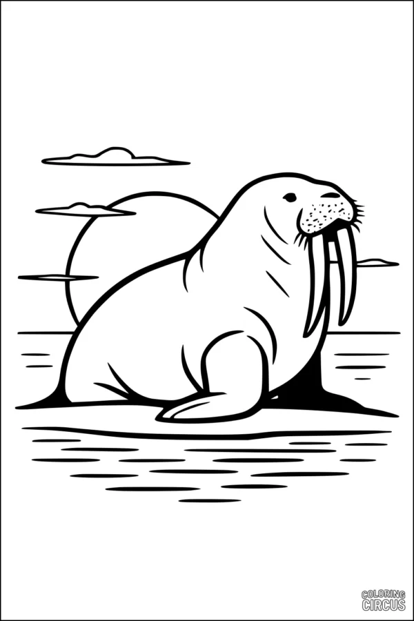 Coloring page featuring a walrus sitting by the water at sunset with clouds in the sky