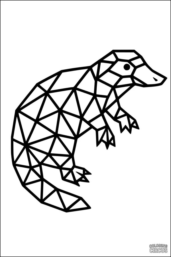 Coloring page featuring a geometric platypus with triangular mosaic pattern