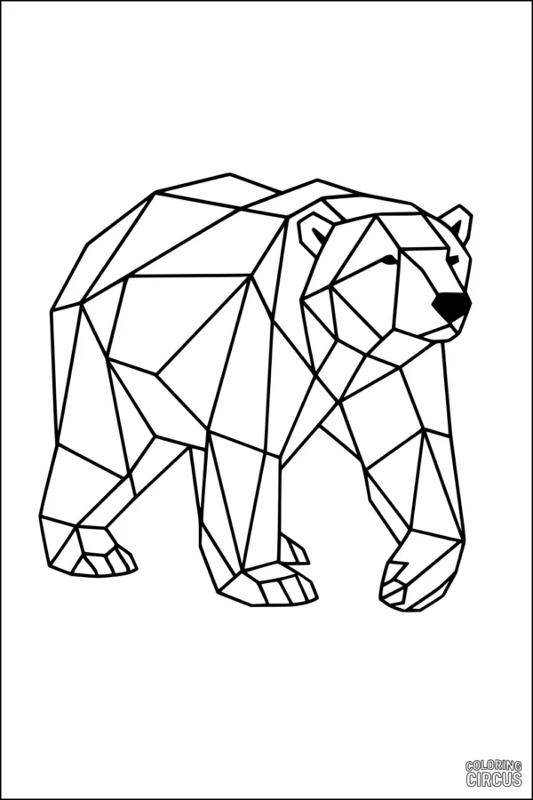 Coloring page of a polar bear in geometric style with many angular shapes