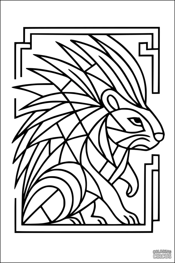 Coloring page geometric porcupine with bold shapes and sharp quills inside a decorative square frame