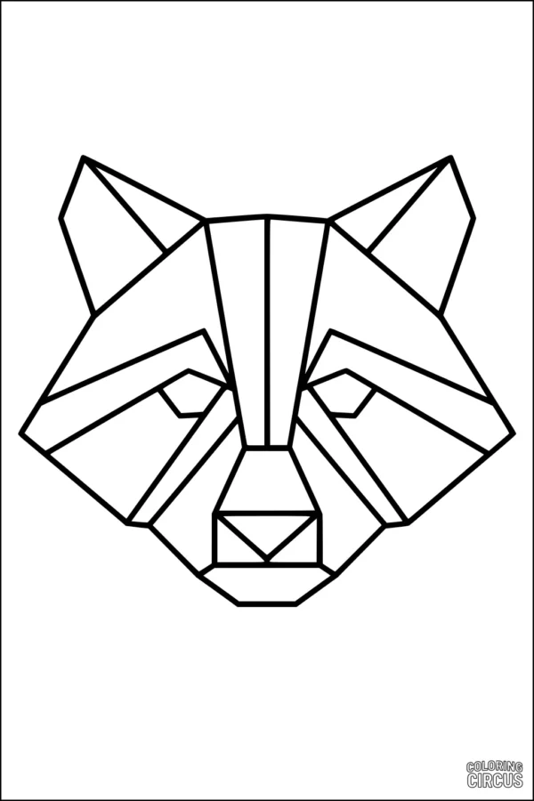 Coloring page of a raccoon face drawn in geometric style with bold shapes