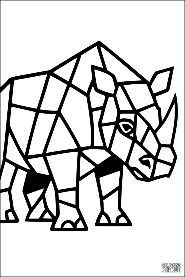 Coloring page geometric rhinoceros formed by mosaic-style shapes for kids and adults