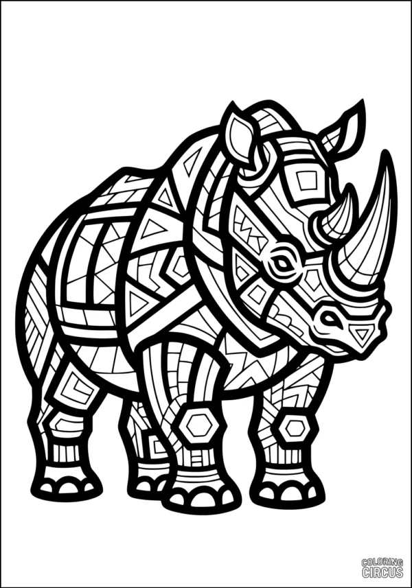 Coloring page featuring a rhinoceros decorated with intricate geometric patterns