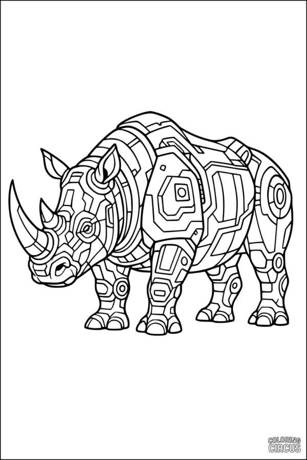 Coloring page of a geometric rhinoceros with bold, abstract patterns
