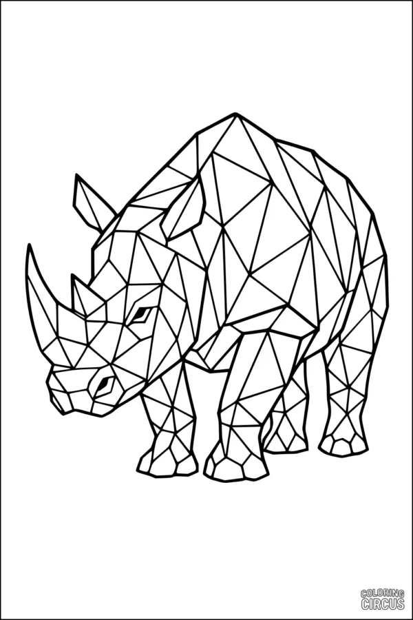 Coloring page with a geometric rhinoceros design featuring bold lines and angular shapes