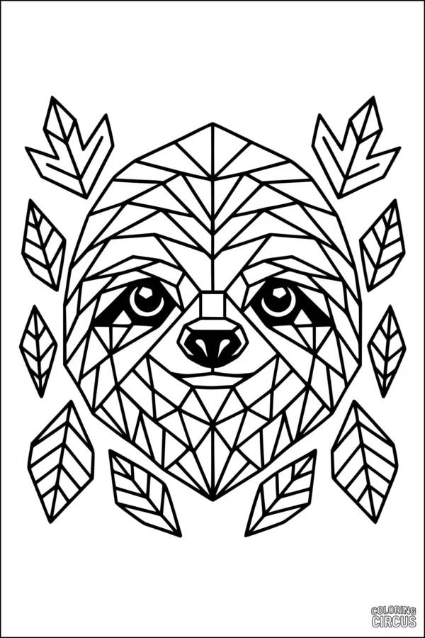 Coloring page featuring a geometric sloth face surrounded by angular leaves