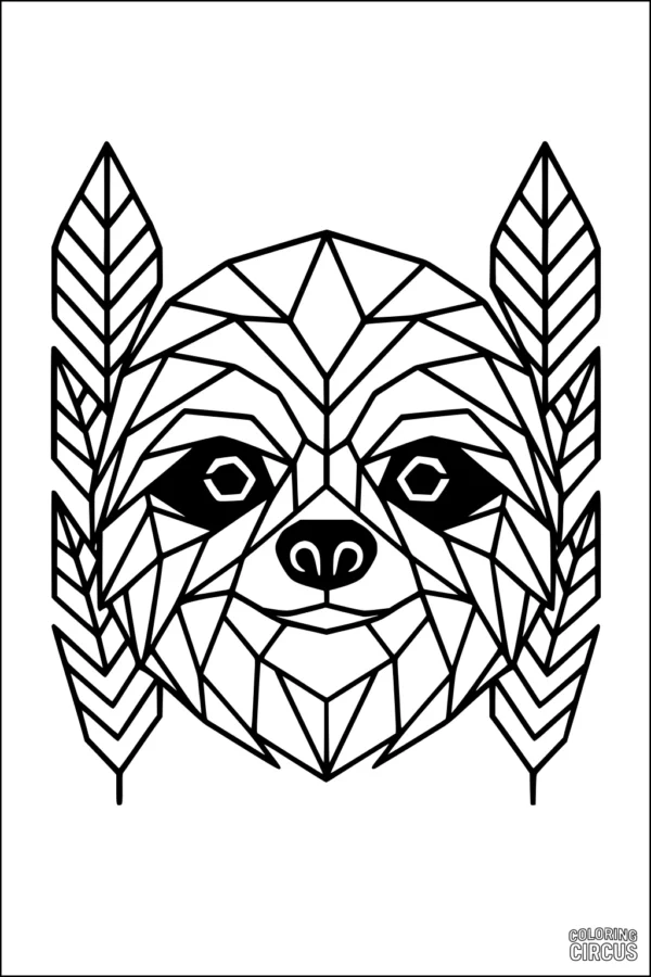Coloring page featuring a geometric sloth face with stylized leaf designs