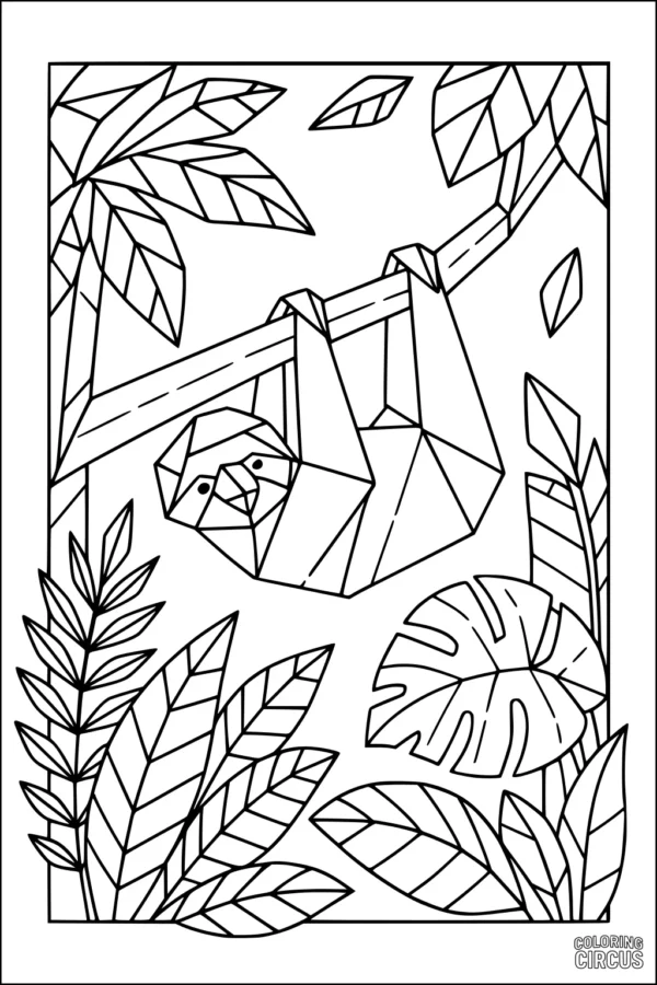 Coloring page of a geometric-style sloth hanging on a tree branch surrounded by jungle leaves
