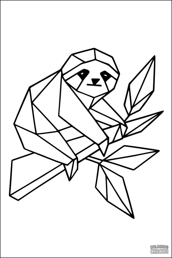 Coloring page featuring a geometric sloth hanging on a tree branch with angular leaves