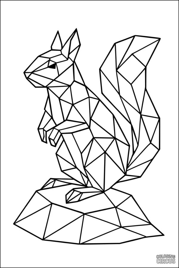 Coloring page showing a geometric squirrel on a rock with polygonal sections