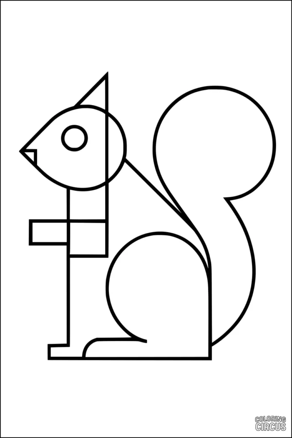 Coloring page featuring a geometric squirrel made of circles and straight lines
