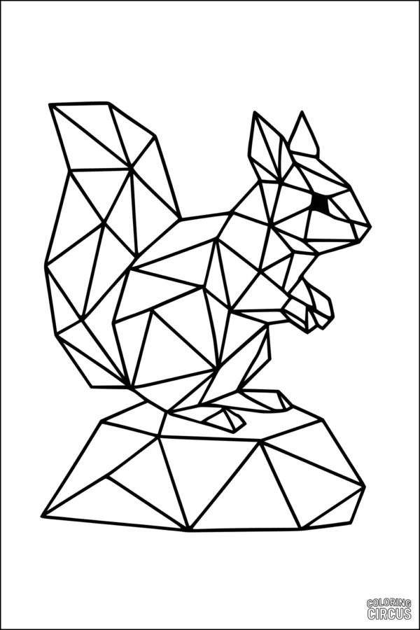 Coloring page featuring a squirrel composed of geometric polygon shapes sitting on a rock