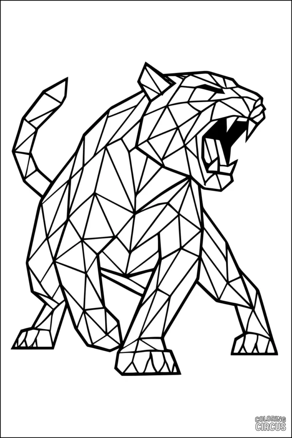 Coloring page of a roaring geometric tiger with angular shapes