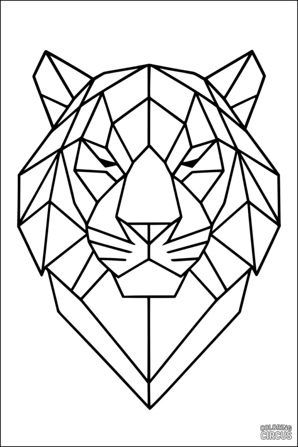 Coloring page geometric tiger head with angular shapes and facets