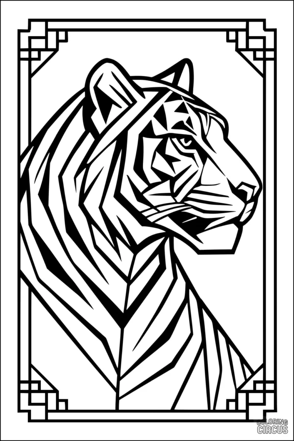 Coloring page geometric tiger portrait with bold angular stripes and decorative border
