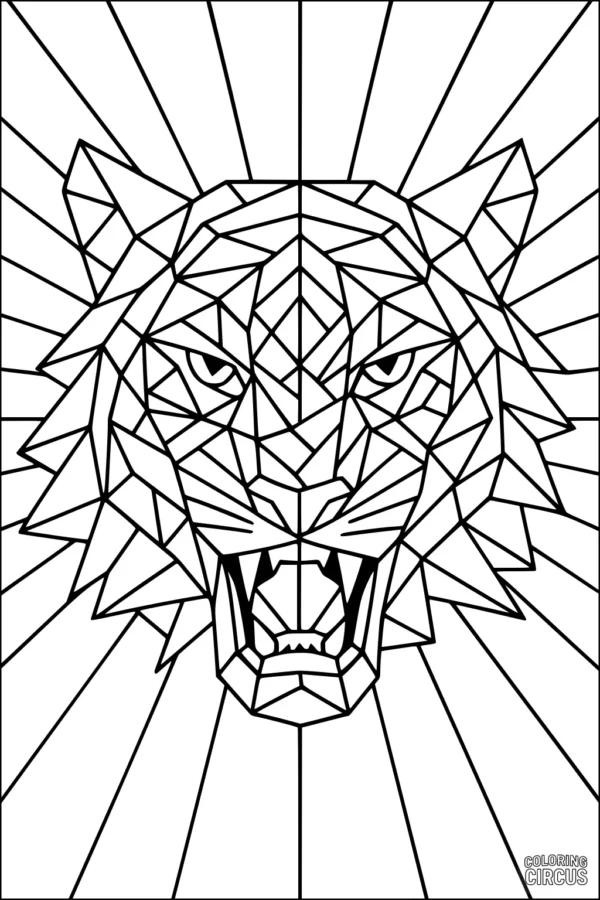 Coloring page featuring a geometric tiger head with radiant background lines for children and adults