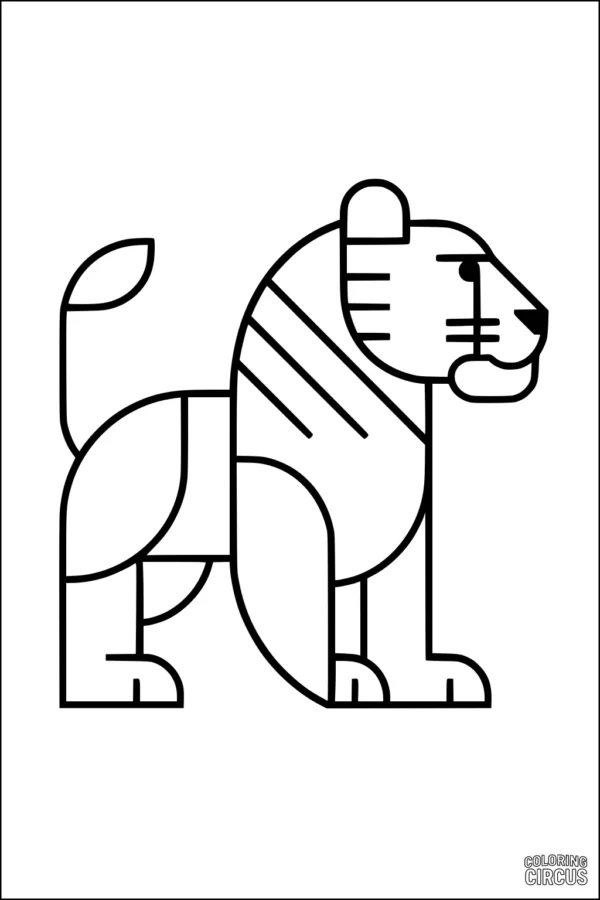 Coloring page with a geometric tiger featuring simple shapes and stripes, perfect for younger children.