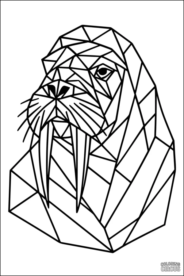 Coloring page of a geometric walrus head made from angular shapes