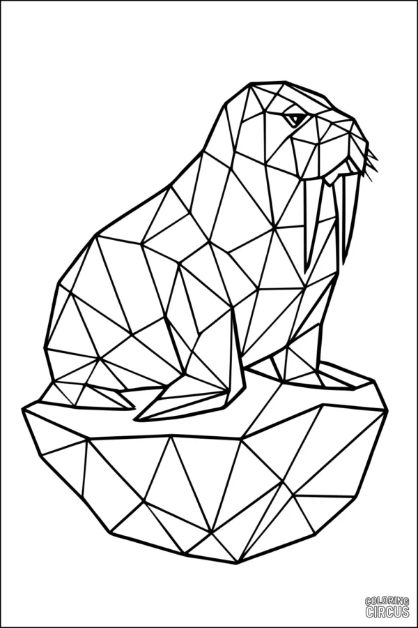 Coloring page geometric walrus sitting on an iceberg with angular patterns