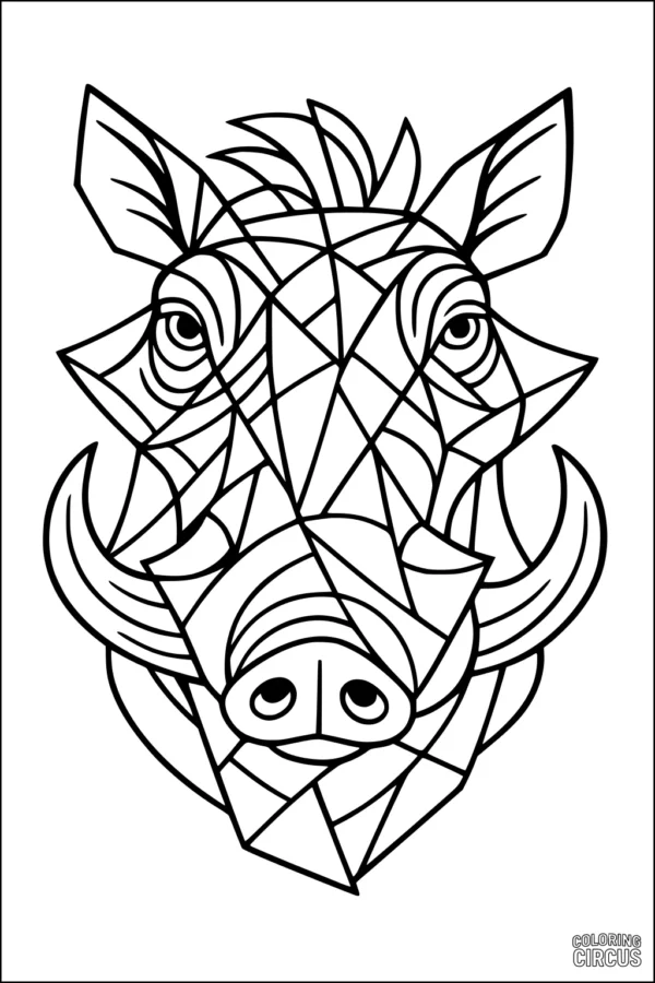 Coloring page featuring a geometric warthog face design with intricate shapes