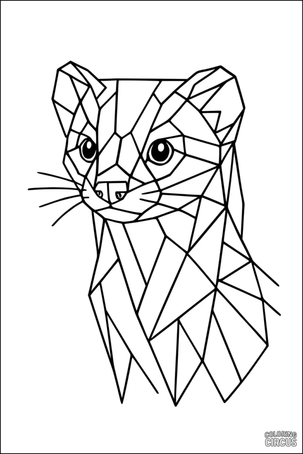 Coloring page featuring a geometric illustration of a weasel for kids and adults