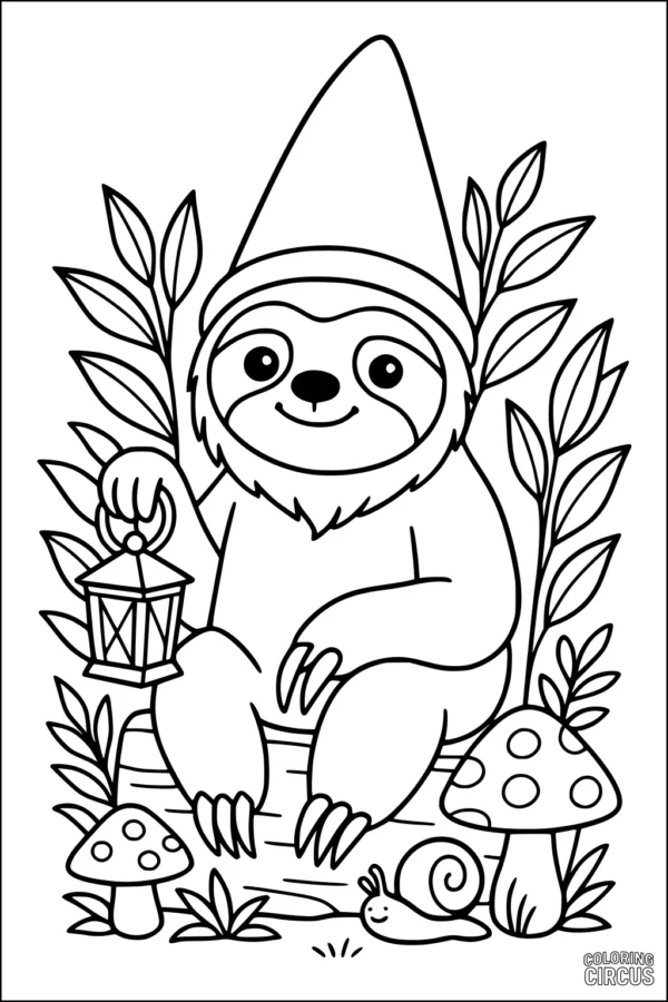 Coloring page of a sloth with a pointy hat holding a lantern, sitting on a log with plants, mushrooms, and a snail