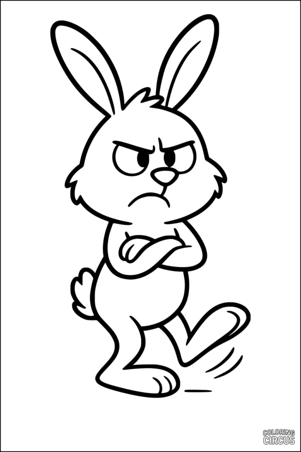 Coloring page of an adorable cartoon rabbit with a grumpy expression, walking with arms crossed