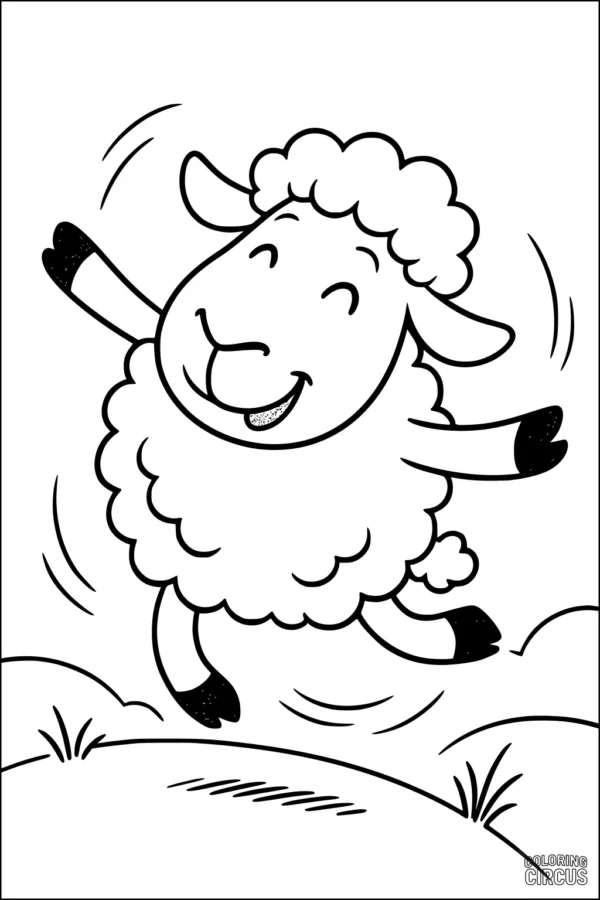 Coloring page featuring a smiling cartoon sheep leaping joyfully on grassy hills