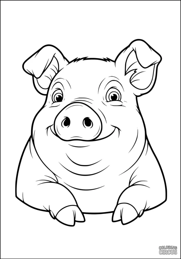 Coloring page featuring a cute cartoon pig with a big smile and floppy ears, suitable for young children.