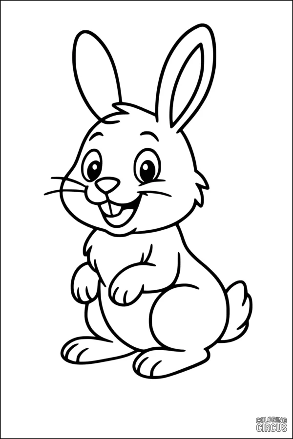 Coloring page of a cute, smiling cartoon rabbit with big ears and fluffy tail, perfect for young children