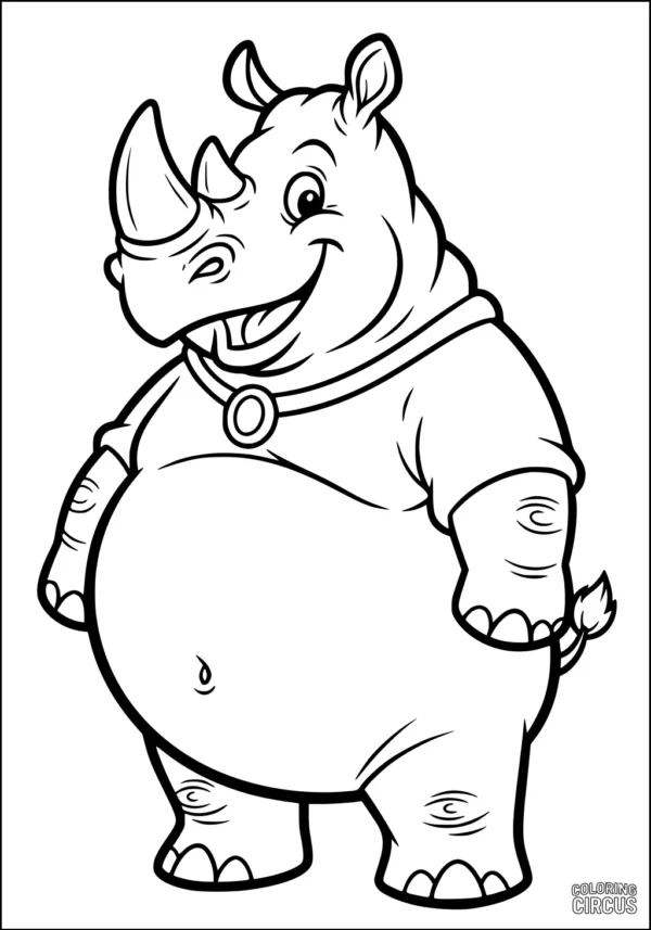Coloring page of a cheerful cartoon rhinoceros standing upright with a big smile and medallion necklace