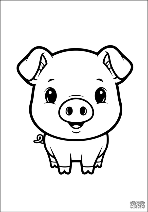 Coloring page of a smiling cartoon pig with big eyes and a curly tail, simple for children.