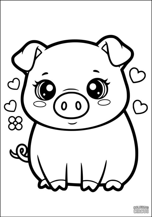 Coloring page featuring a smiling cute piglet with hearts and a flower, for kids